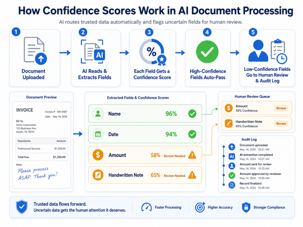 Infographic showing AI document processing confidence score workflow