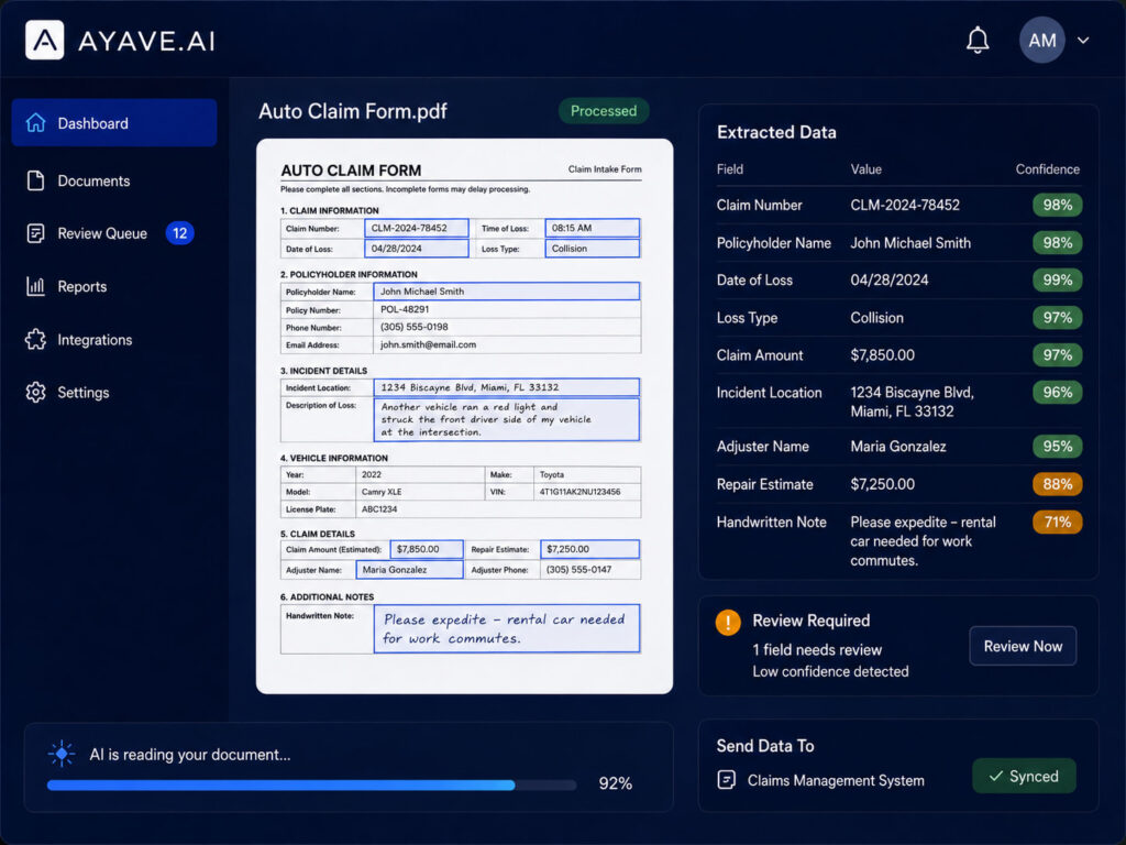 AI document processing dashboard for claims teams