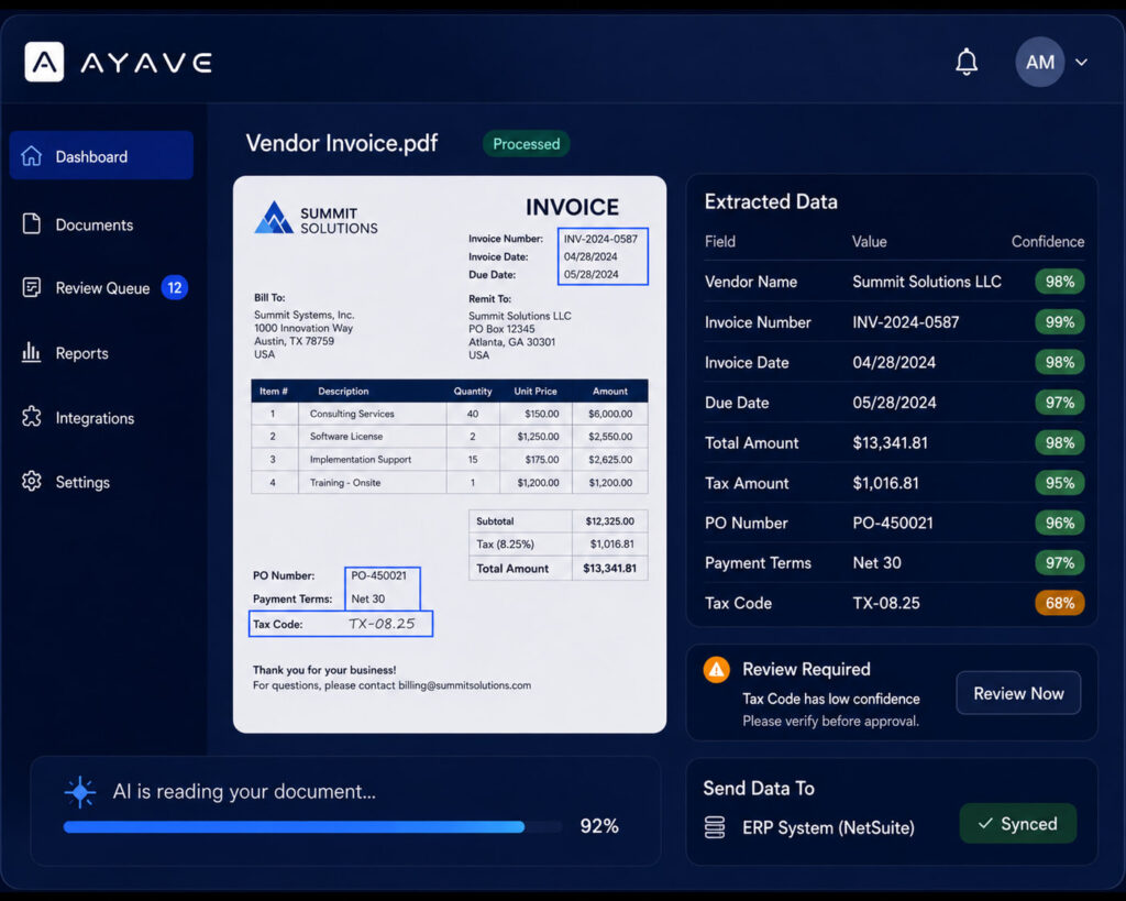 AI document processing dashboard for finance teams