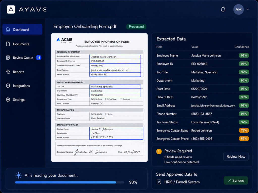 AI document processing dashboard for HR teams