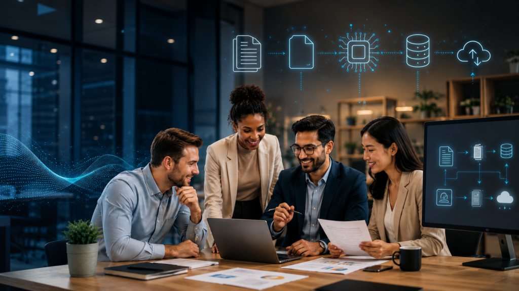 Team in an office using AI document processing workflow