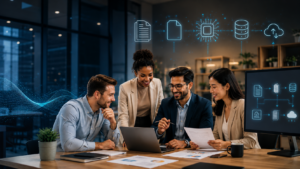 Team in an office using AI document processing workflow