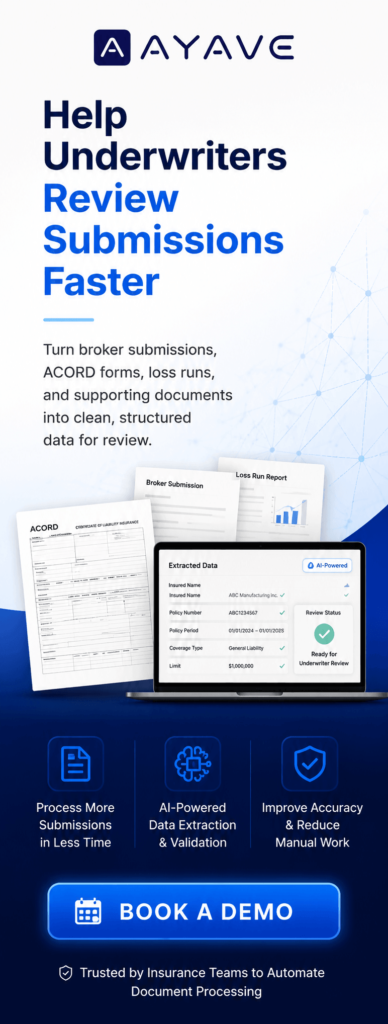 AYAVE.AI banner showing AI document processing helping underwriters